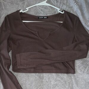 SHEIN Chocolate V-Neck Ribbed Crop Top